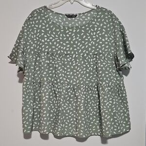 SHEIN Olive and White Patterned Blouse Tiered Butterfly Sleeve Sz XL Fall Roomy